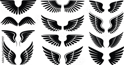 Angel wings silhouette mega collection with multiple feather styles isolated on white, fantasy flying emblem vector design pack