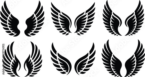 Angel wings silhouette vector collection, decorative flying feather emblem set for tattoo logo fantasy spiritual design illustration
