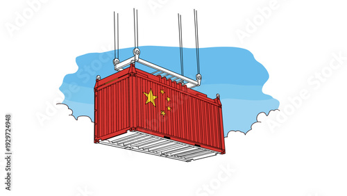 red shipping container with china flag lifted by crane hand drawn illustration for global trade and logistics
