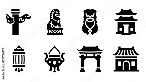 set of black silhouette chinese cultural icons with architecture statues and traditional objects in simple style