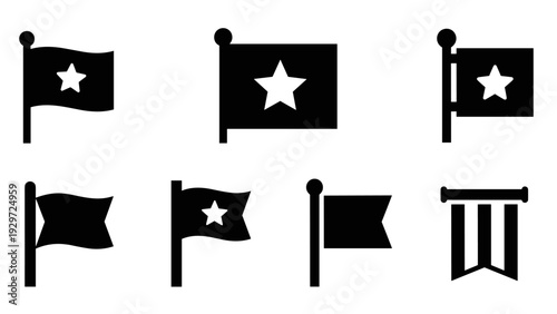 set of black flag icons with star and pennant shapes in simple flat style
