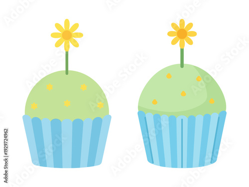 Mint green spring cupcakes with yellow daisy flower toppers for garden party invitations and seasonal cafe menus