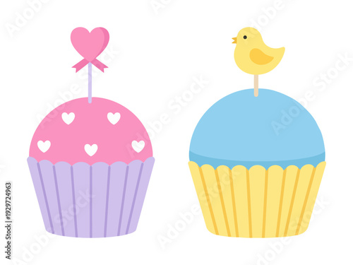 Pink and blue baby shower cupcakes with heart and chick toppers for gender reveal parties and nursery branding