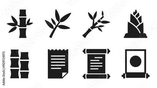 set of bamboo branch and scroll black silhouette hand drawn icons for nature and traditional Asian design