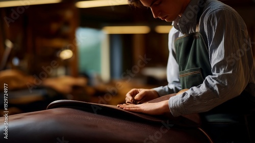 Skilled saddler hand stitching and finishing a custom leather horse saddle in a traditional saddlery workshop, ideal for leather goods production, saddlery craft, handmade equestrian equipment,