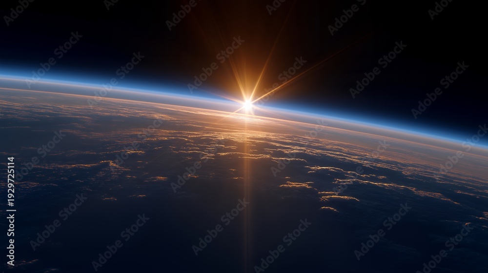 Fototapeta premium Orbital sunrise with golden light breaking over Earth horizon as seen from space station window, ideal for space exploration, orbital perspective, Earth beauty, astronaut view, space photography