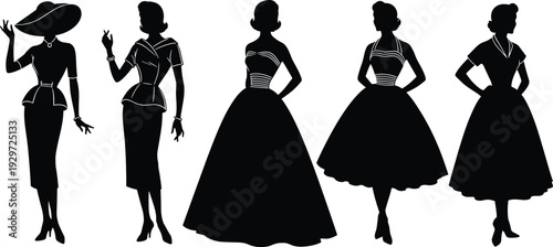 Vintage fashion women silhouettes collection, elegant retro ladies in dresses and hats, classic female figure set isolated on white background for design use
