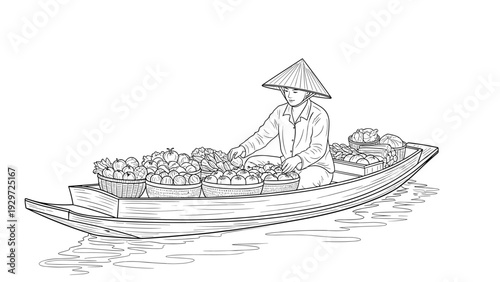 Vietnamese woman selling fruits and vegetables on wooden boat hand drawn line art illustration