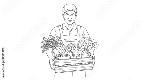man holding crate of fresh vegetables hand drawn black and white line art healthy food illustration