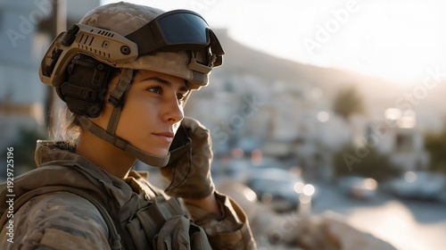 Wallpaper Mural Soldier using AI powered translation earpiece to communicate with local population in real time during mission, perfect for military language technology, combat translation system, AI communication Torontodigital.ca