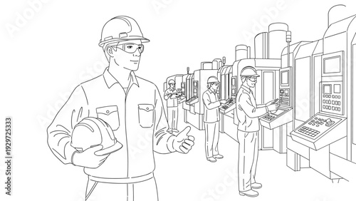 industrial factory workers operating machinery with safety helmets hand drawn line art