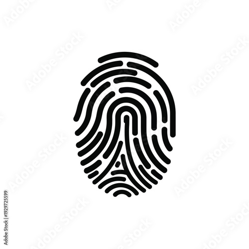 Black fingerprint icon with unique identification pattern isolated on white background for biometric security