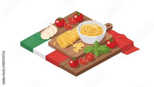 italian pasta ingredients with tomatoes garlic and basil on wooden board flat illustration