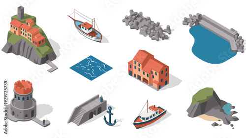 isometric coastal village elements collection with fishing boats rocky beaches piers buildings and water bodies in flat style