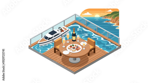 isometric terrace dining setup with champagne seafood and yacht on ocean sunset view