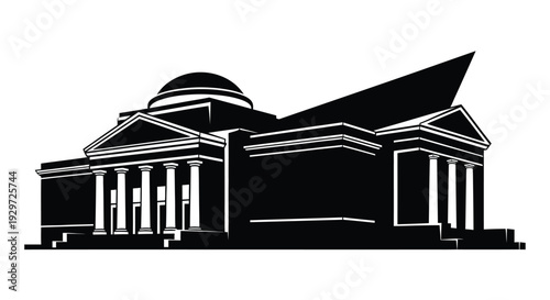 Stylized black and white illustration of a classical building with modern eZtension