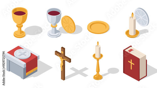 isometric set of christian religious symbols including chalice host altar crucifix candle and bible illustration