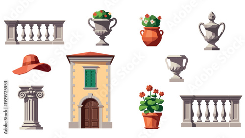 set of hand drawn classical architecture elements and flower pots with red hat