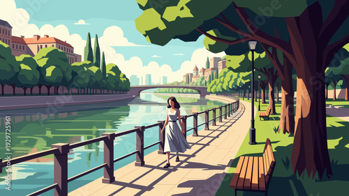 woman walking along riverside park pathway in hand drawn cityscape illustration