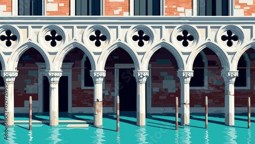 venetian gothic arches with water reflections in hand drawn vector style architectural illustration