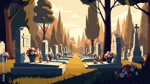 rows of tombstones with flowers in a peaceful graveyard at sunset digital art