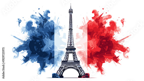 eiffel tower silhouette with abstract blue and red paint splash background in watercolor style