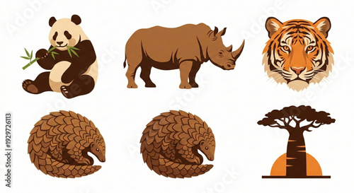 Collection of Exotic Wild Animals Including Panda, Rhinoceros, Tiger, Pangolin, and Baobab Tree