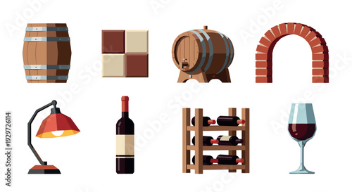 set of wine cellar elements including barrel bottle rack glass and brick arch in flat style