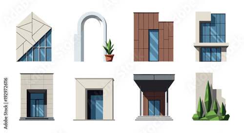 set of modern building elements with windows doors arch and decorative plants flat architectural collection