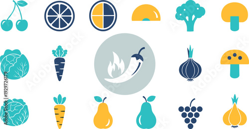 Food and Vegetable Icon Set Featuring Fruits Mushrooms Chili Citrus and Organic Produce Symbols for Nutrition Apps Packaging and Vector Design