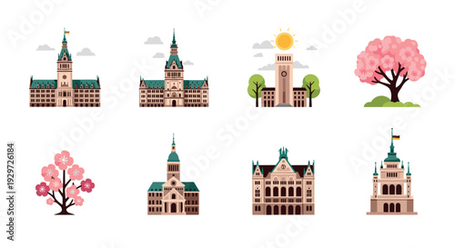 set of hand drawn historic european city buildings and cherry blossom trees in flat style with sun and clouds