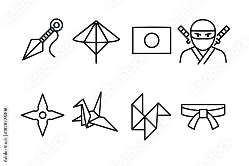 Japanese culture icons set with ninja weapons origami kite flag and belt hand drawn outline