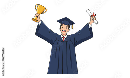 Graduation student holding diploma and trophy, academic achievement illustration