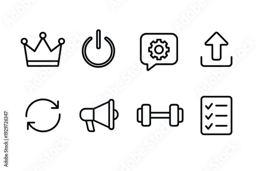 set of simple line art icons crown power button settings upload refresh megaphone dumbbell checklist