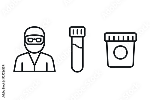 medical laboratory scientist with test tube and sample container hand drawn line icons