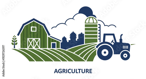 Rural landscape illustration featuring a farm barn silo and tractor