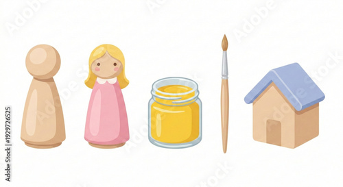 Creative Wooden Peg Doll Painting Kit with Paint, Brush, and Miniature House