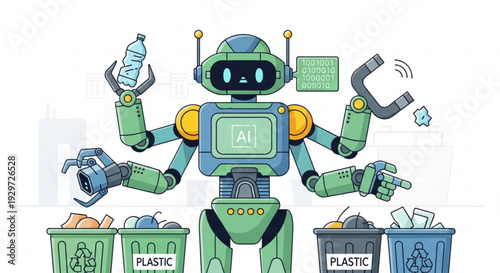 Robot sorts recyclables from trash with multiple arms recycling bins and waste management concept