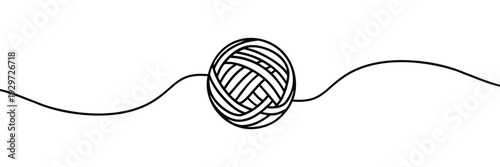 a vector art style. The composition should feature a perfectly round ball of yarn, intricately rendered with fine, parallel lines 