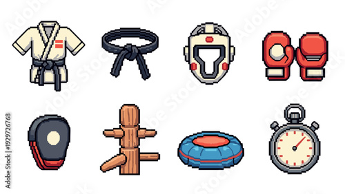 pixel art martial arts training equipment set hand drawn of karate gi black belt helmet boxing gloves and wooden dummy