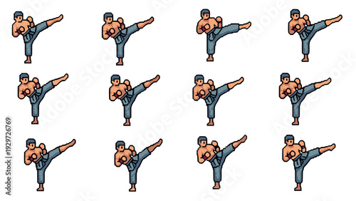 set of hand drawn pixel art karate fighter icons in kicking pose for game design
