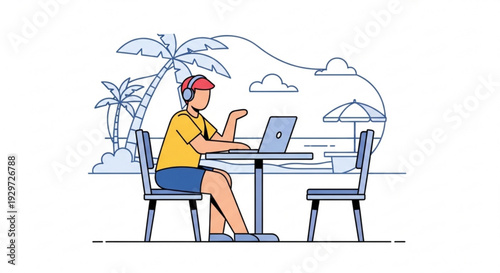 Man in yellow shirt working remotely on laptop at beachside table with palm trees