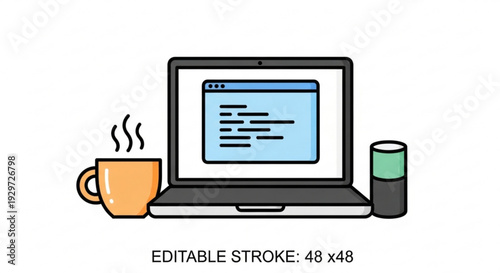 Laptop with steaming coffee cup and can web page on screen workspace setup