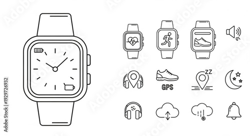 Smartwatch illustration with various fitness and notification icons on a clean white background showcasing wearable technology and digital