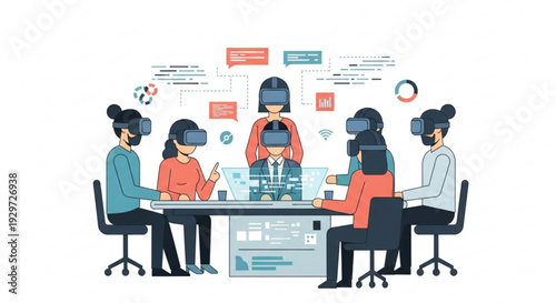 Group of people wearing virtual reality headsets working together at a modern office desk with digital interfaces and data visualization