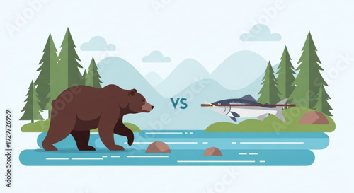 Brown bear facing salmon fish in a serene river landscape with mountains and trees in the background symbolizing wildlife confrontation