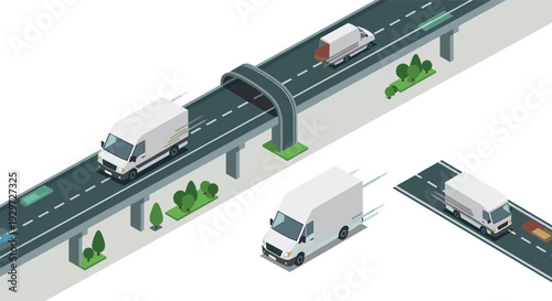 white delivery vans on elevated and ground roads isometric style set of vehicles for transportation and logistics