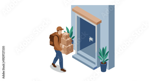 delivery person carrying packages approaching house entrance isometric illustration with plants and modern building