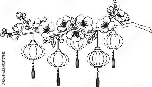 Black and white illustration of lanterns hanging from a blooming tree branch with flowers and leaves