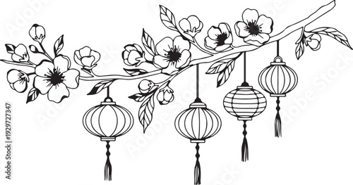 Black and white illustration of hanging lanterns on a blooming tree branch with flowers